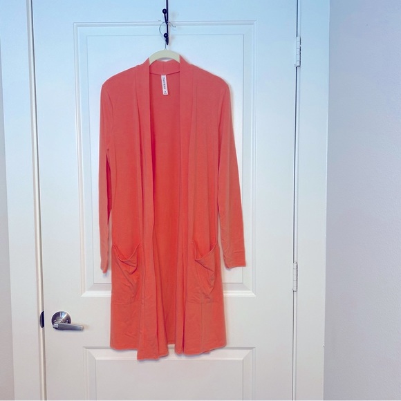 ZENANA Premium Orange Midi Medium Open front Slouch Pockets Duster Cardigan - Picture 2 of 4